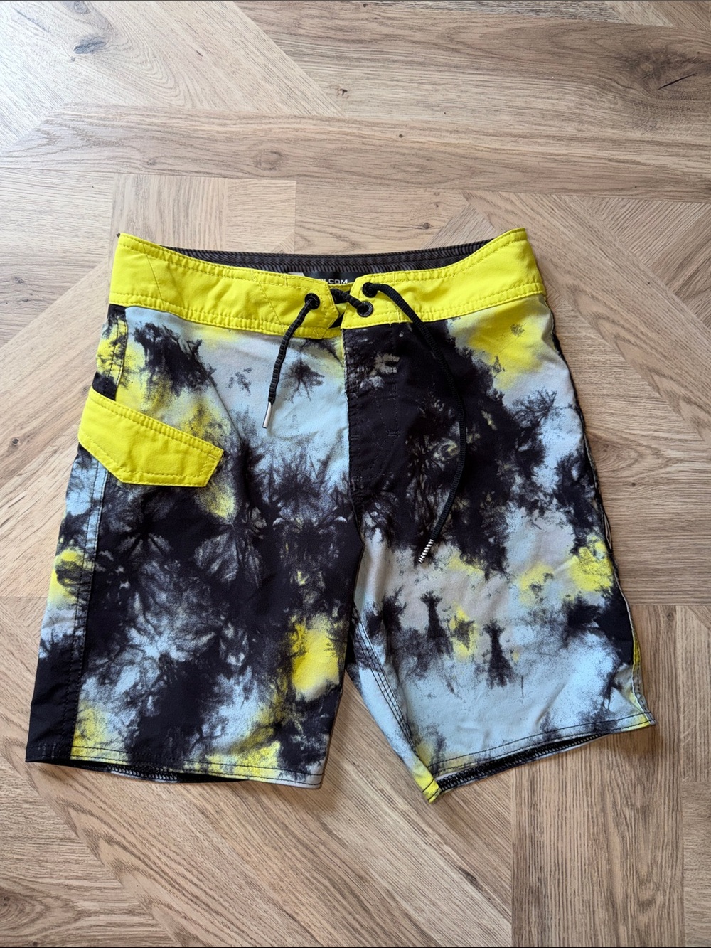 Volcom Yellow and Black Tie-Dye Kids Swim Trunks